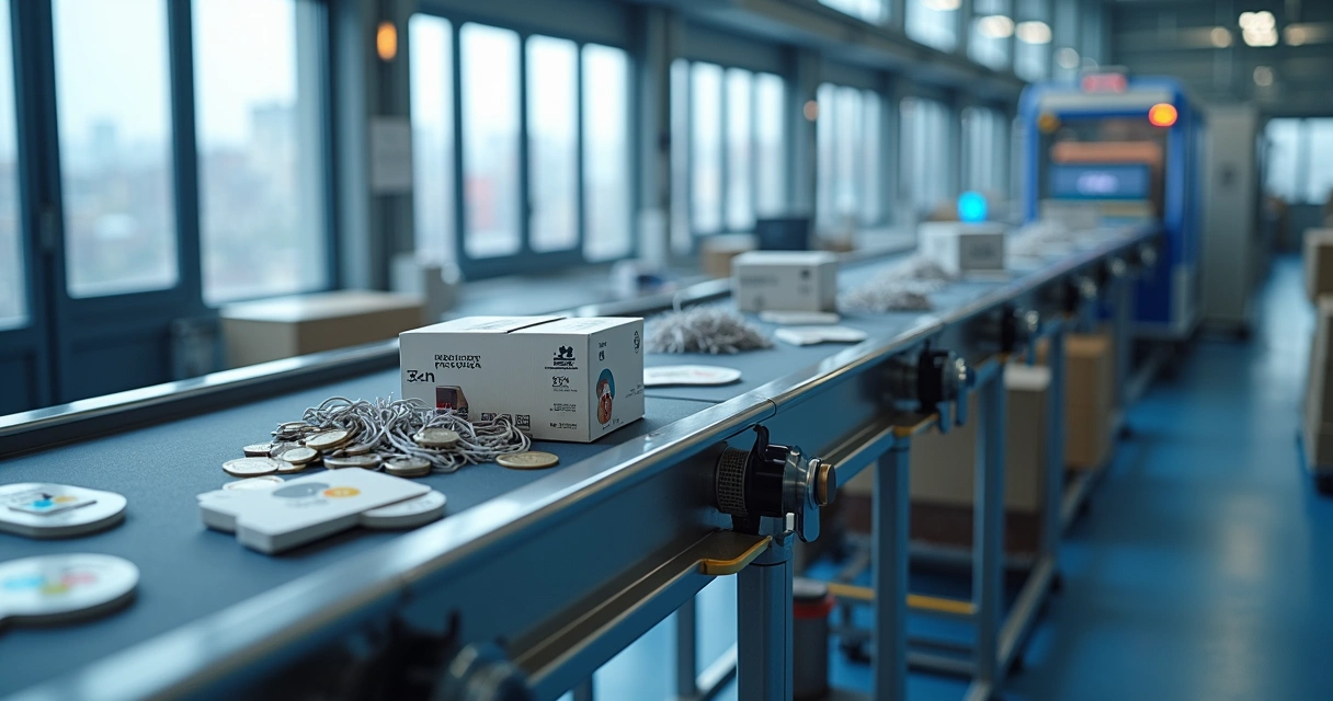 Conveyor of SaaS logos turning into custom automation boxes in a factory 
