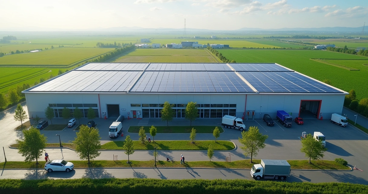 Factory setting switching to green energy with solar panels on the roof