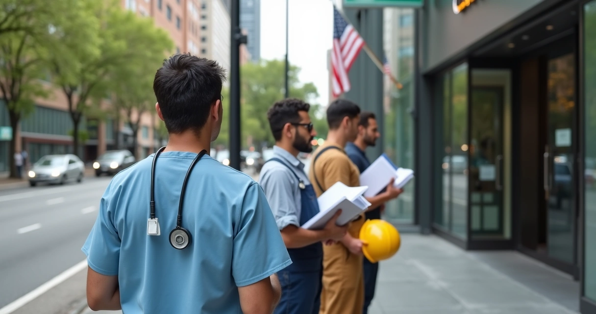 Diverse workers standing with documents in front of a U.S. consulate building