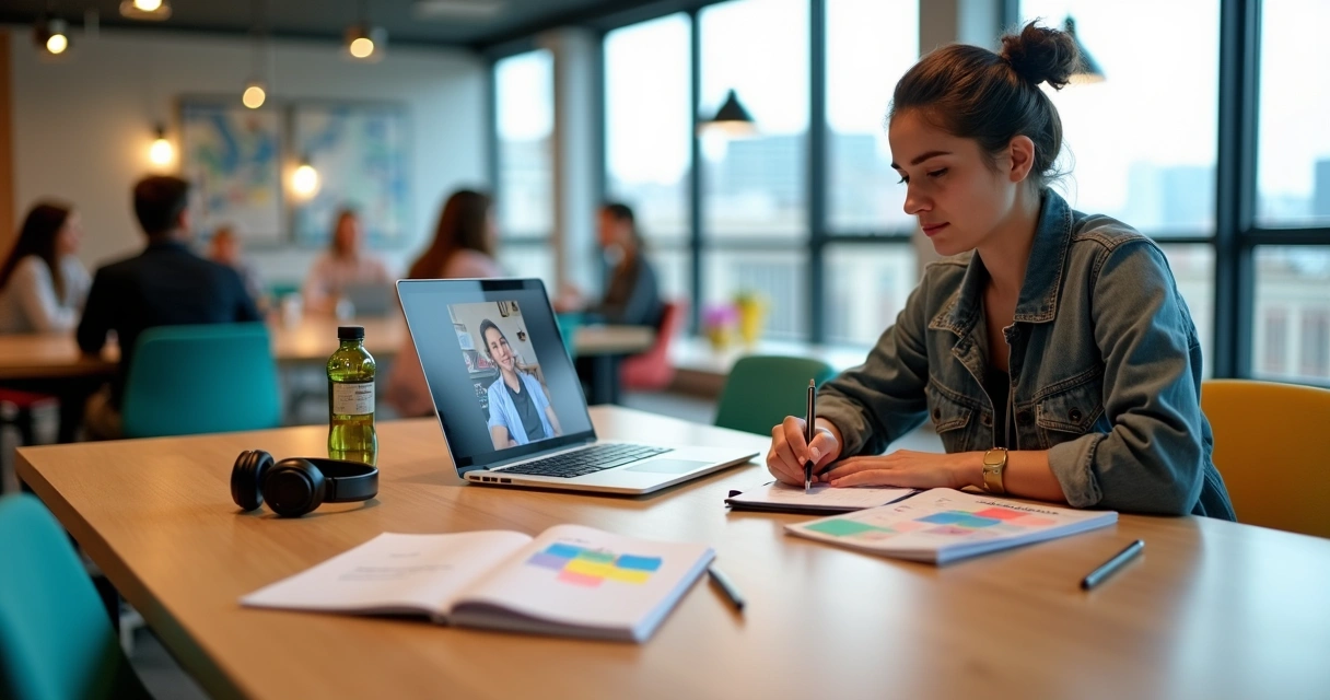 Estudante adulto organizando estudos a distância em sala de coworking colorida 