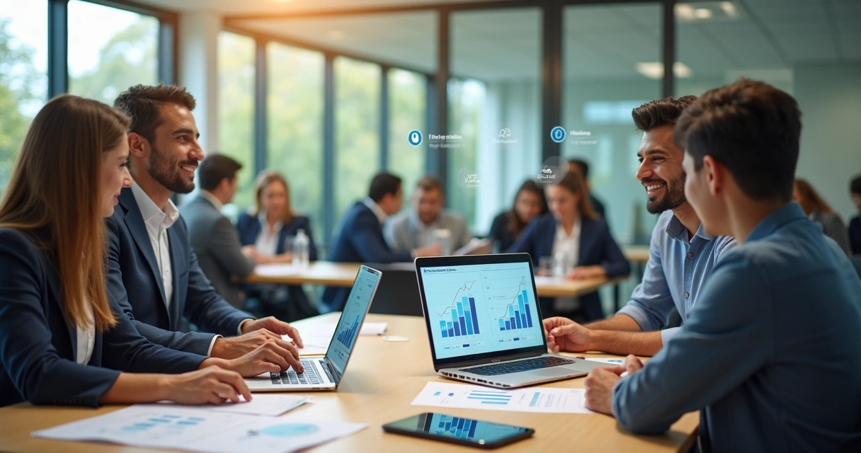 Gestores e alunos em faculdade privada analisando estratégias para aumentar matrículas e retenção 