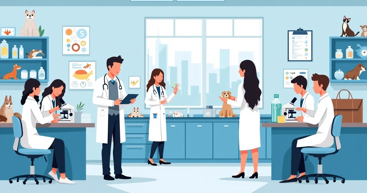 Alunos em laboratório de veterinária com professor e equipamentos 
