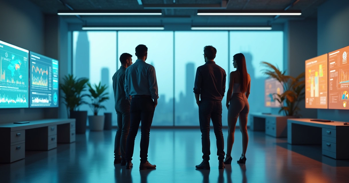 Grupo diverso de estudantes de TI observando quatro telas com diferentes áreas de tecnologia 