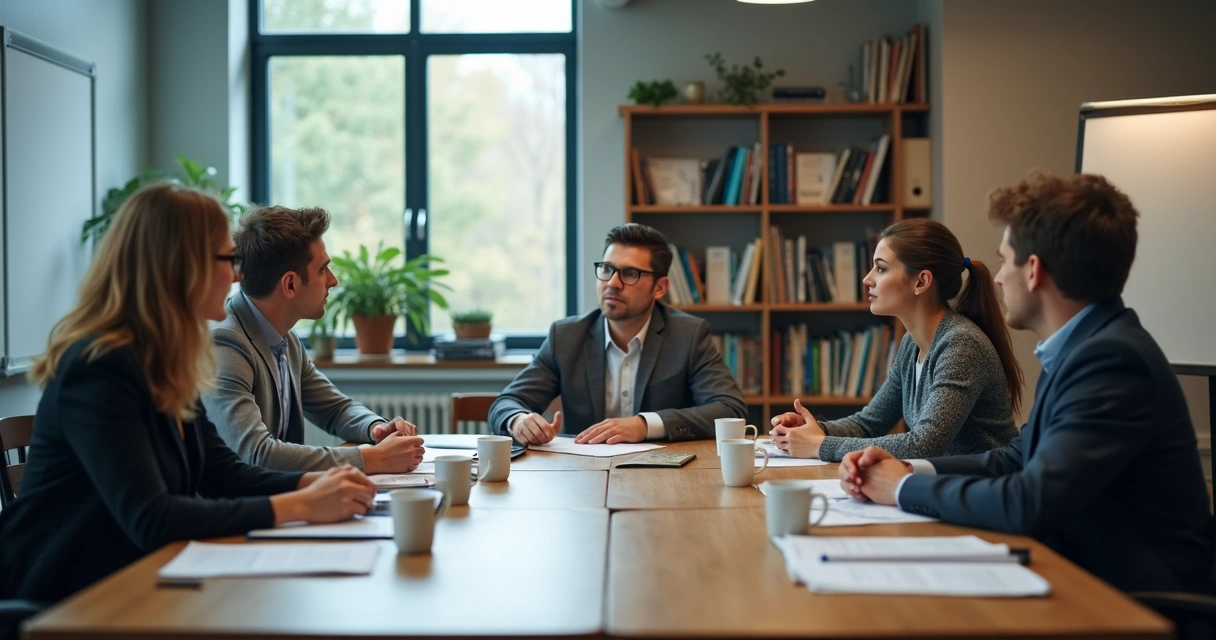 Faculty meeting with subtle tension between colleagues