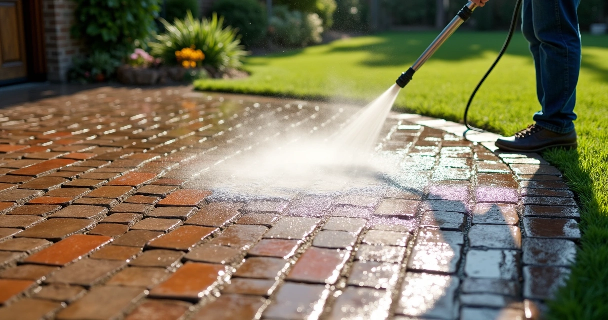 Pressure washer being used to clean faded brick pavers, foam on bricks, sunlight and greenery around 