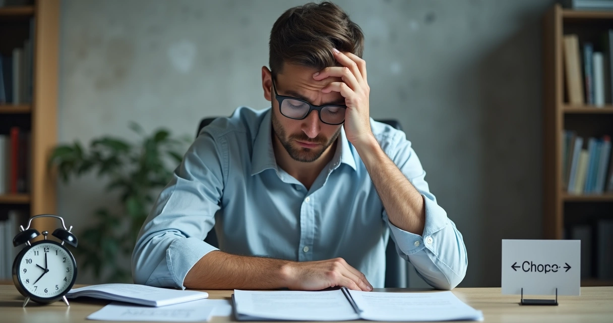 Homem cansado com expressão de dúvida, sentado à mesa com várias opções de escolha 