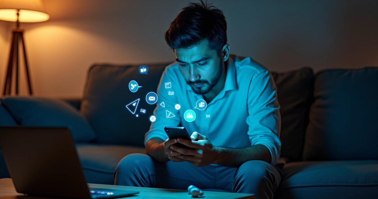 Pessoa sentada em sofá à noite olhando o celular com muitas notificações ao redor 