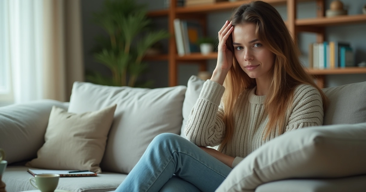 Mulher exausta sentada no sofá segurando a cabeça em ambiente acolhedor 