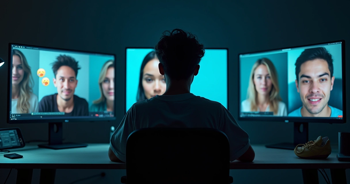 Rosto refletido confuso em múltiplas telas digitais sobrepostas 