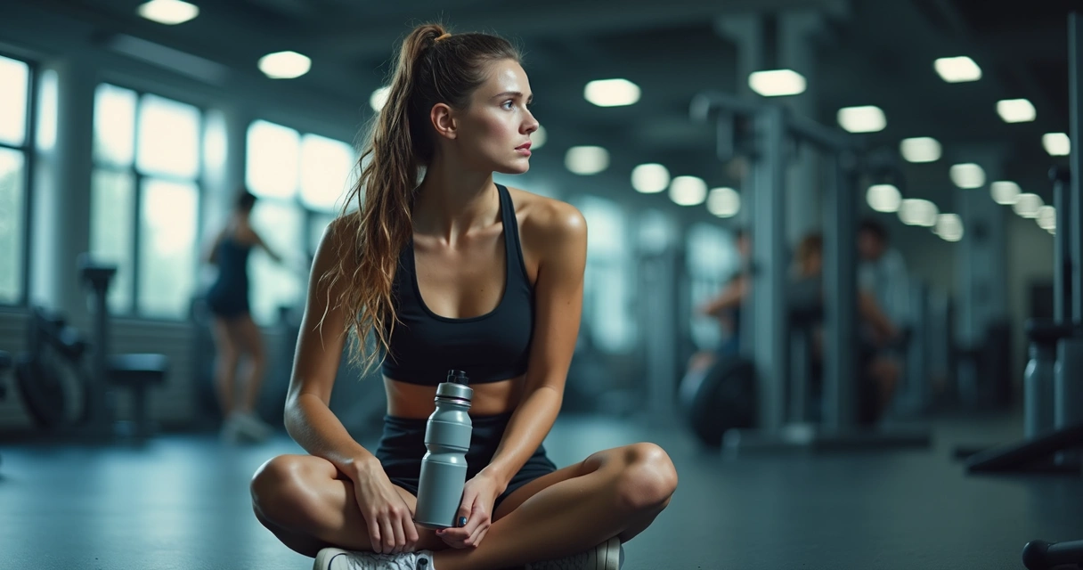 Mulher cansada sentada no chão da academia após treino intenso
