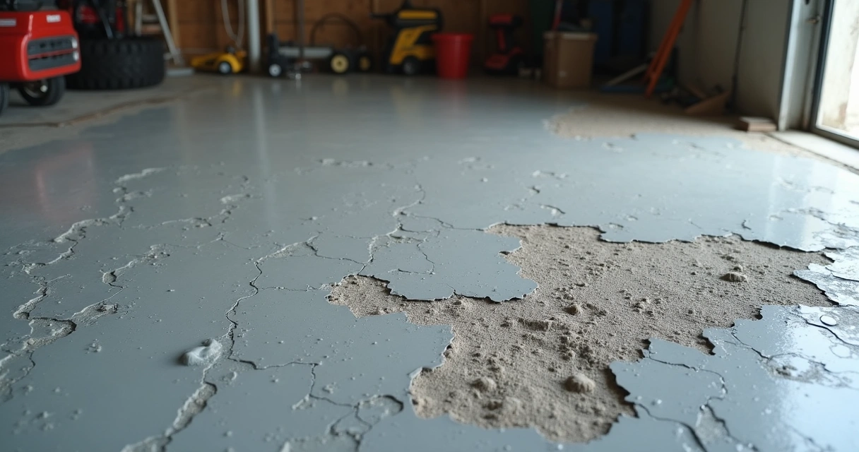 Close view epoxy floor peeling from garage 