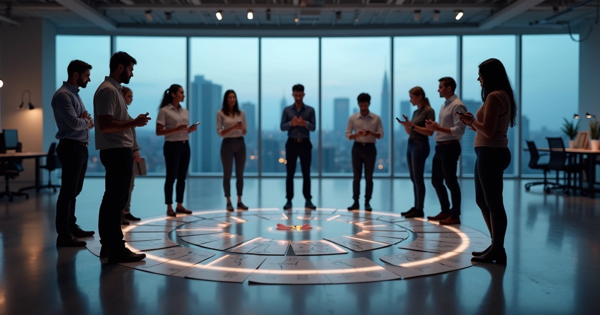 Office team in a misaligned ritual circle with scattered symbols on the floor 