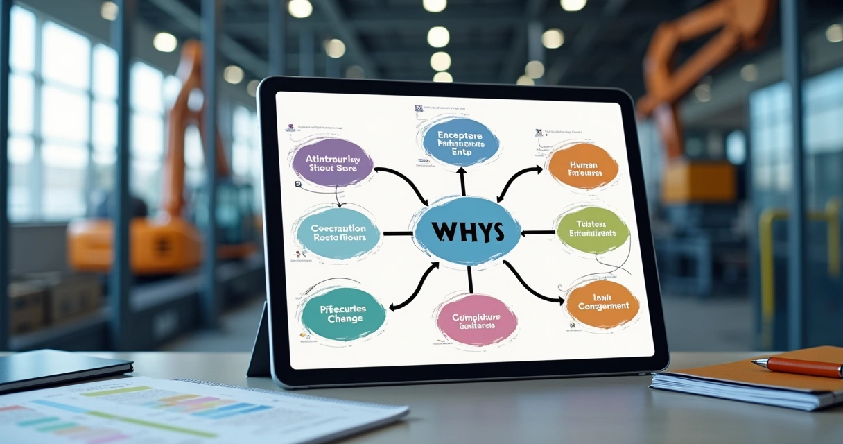 Five Whys diagram connecting equipment failure to root causes 