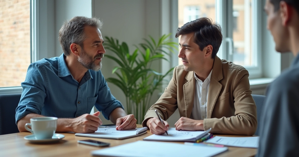 Two people in an informal meeting room, one sharing focused feedback with the other using a notebook and hand gestures. 