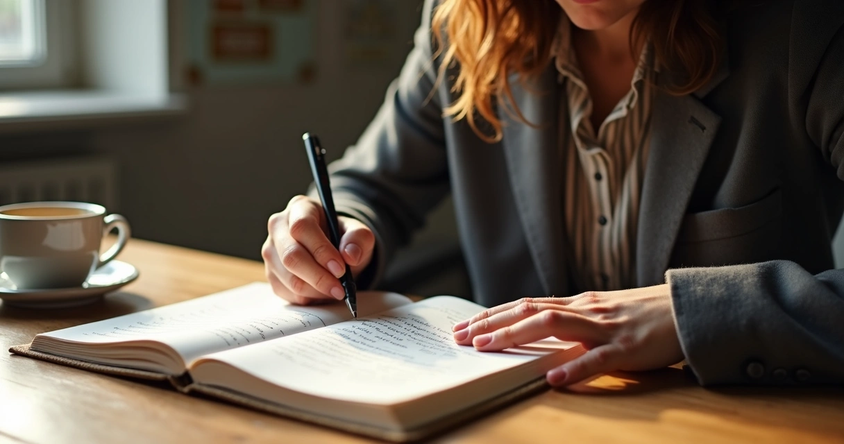 Hands writing reflection notes in a journal beside a cup of coffee 