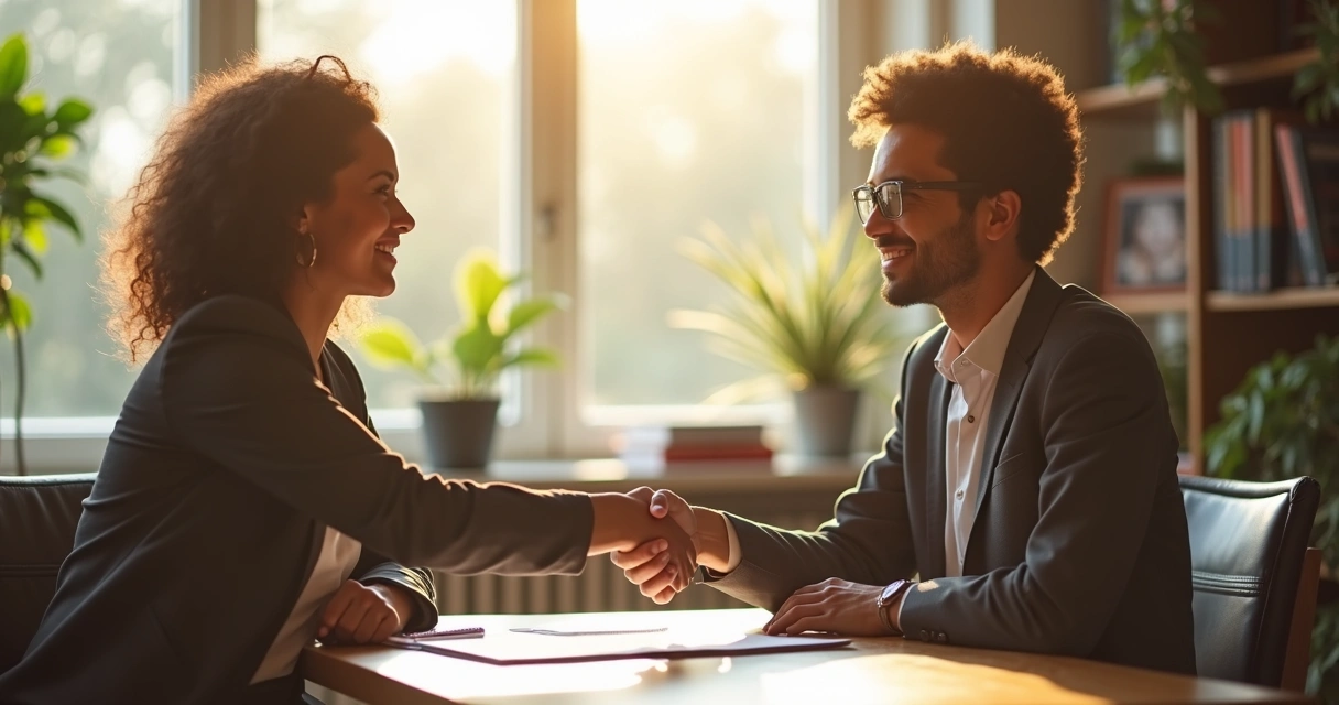 Two business people shaking hands after a fair negotiation, smiling, with documents between them. 
