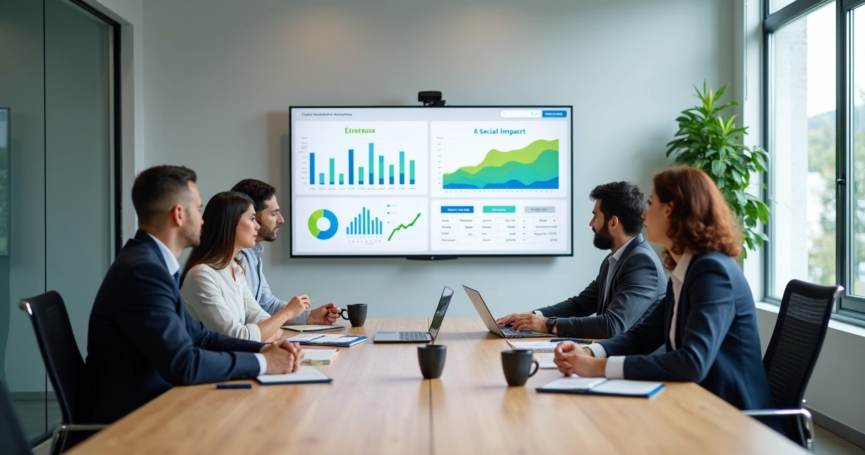 Team reviewing fairness and financial metrics in a meeting room