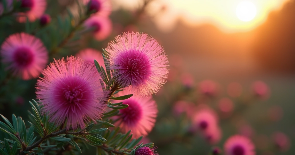 Fairy Duster plant with pink powder puff flowers 