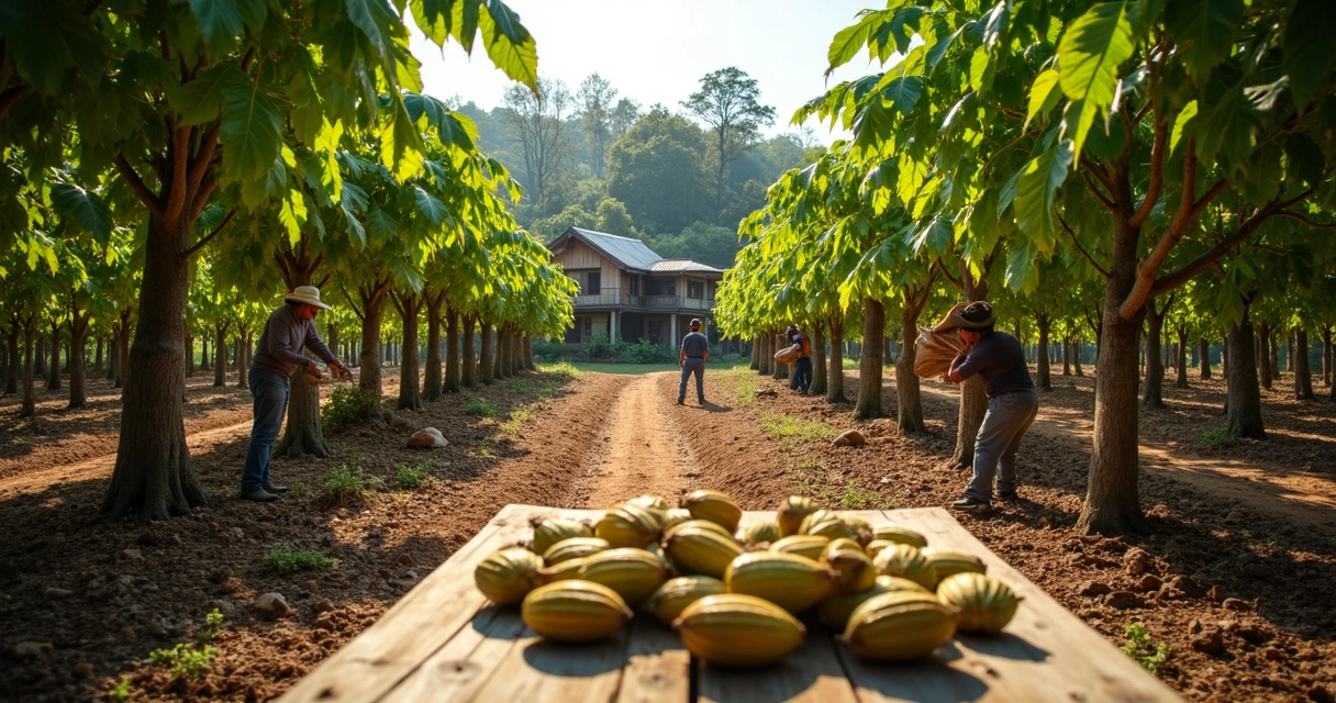 Fazenda de cacau no Sul da Bahia com árvores, trabalhadores e frutos cortados 