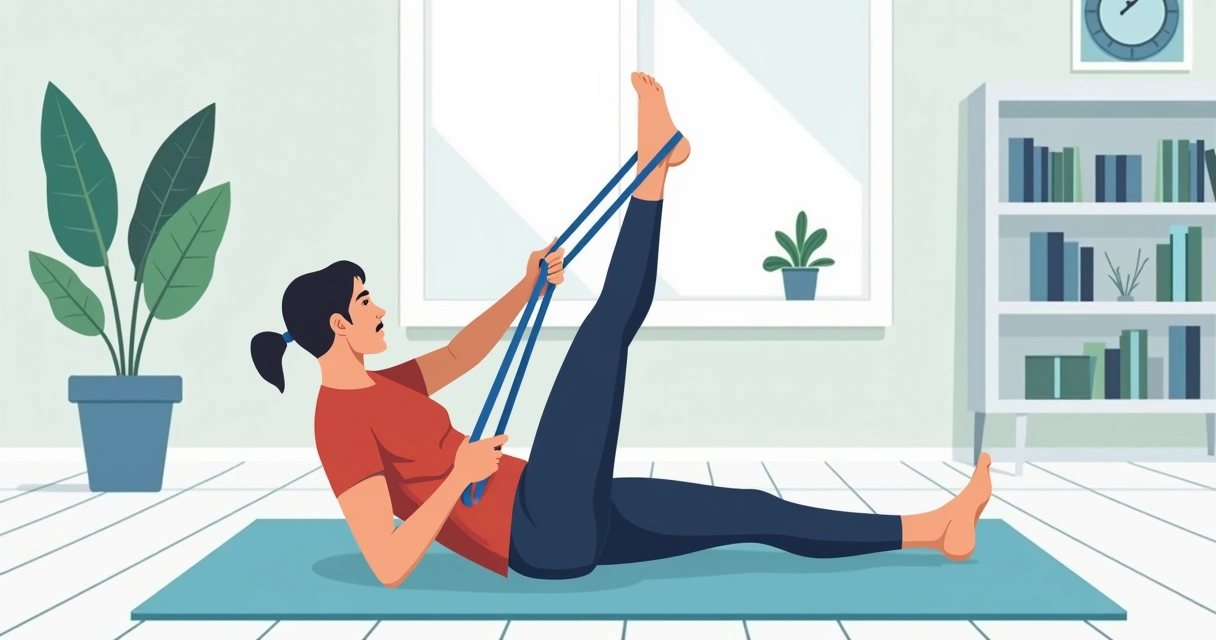 Homem usando faixa elástica para alongar as pernas no tapete de yoga 