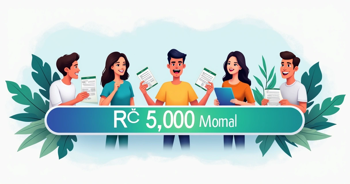 Infográfico colorido mostrando faixa de isenção do imposto de renda de R$ 5.000 mensais, várias pessoas felizes segurando contracheques, fundo azul claro 