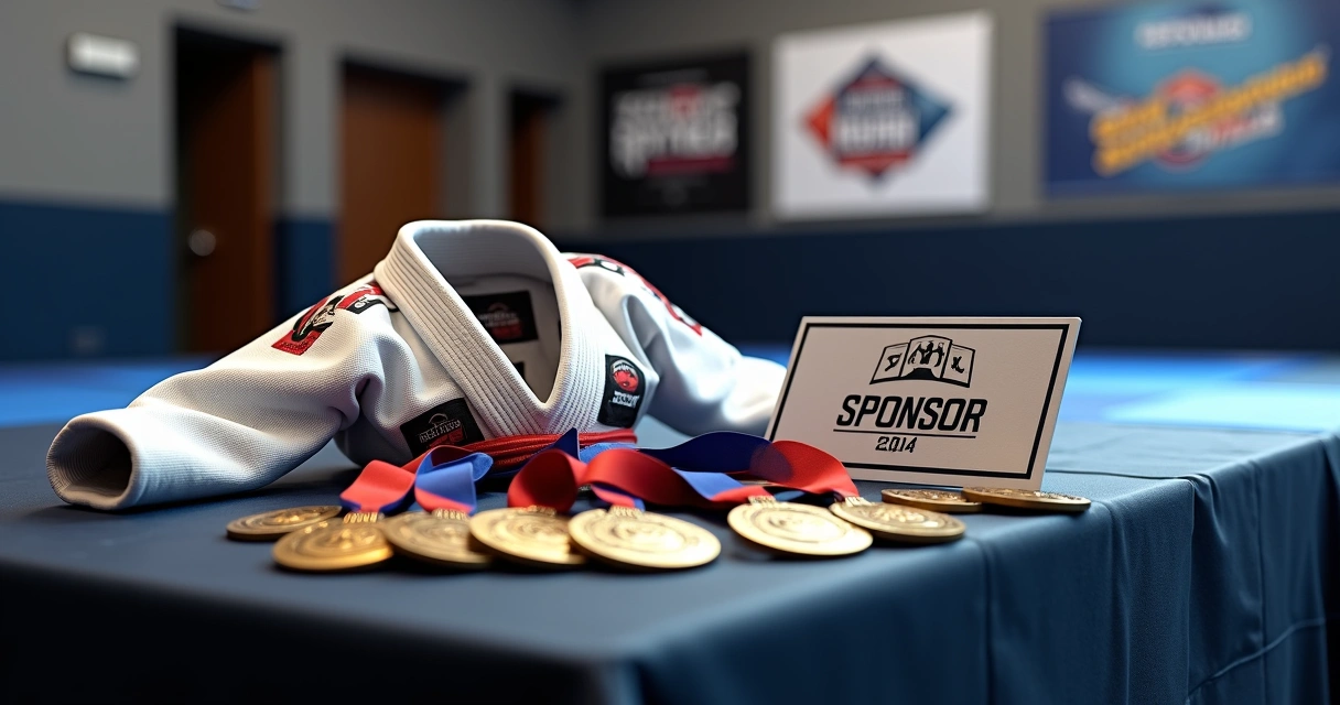 Faixa de Jiu-Jitsu decorada com medalhas e logotipo de empresa patrocinadora 