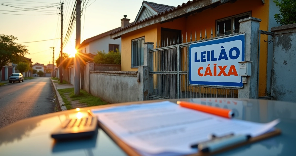 Fachada de casa popular com placa de leilão da Caixa em destaque no portão 
