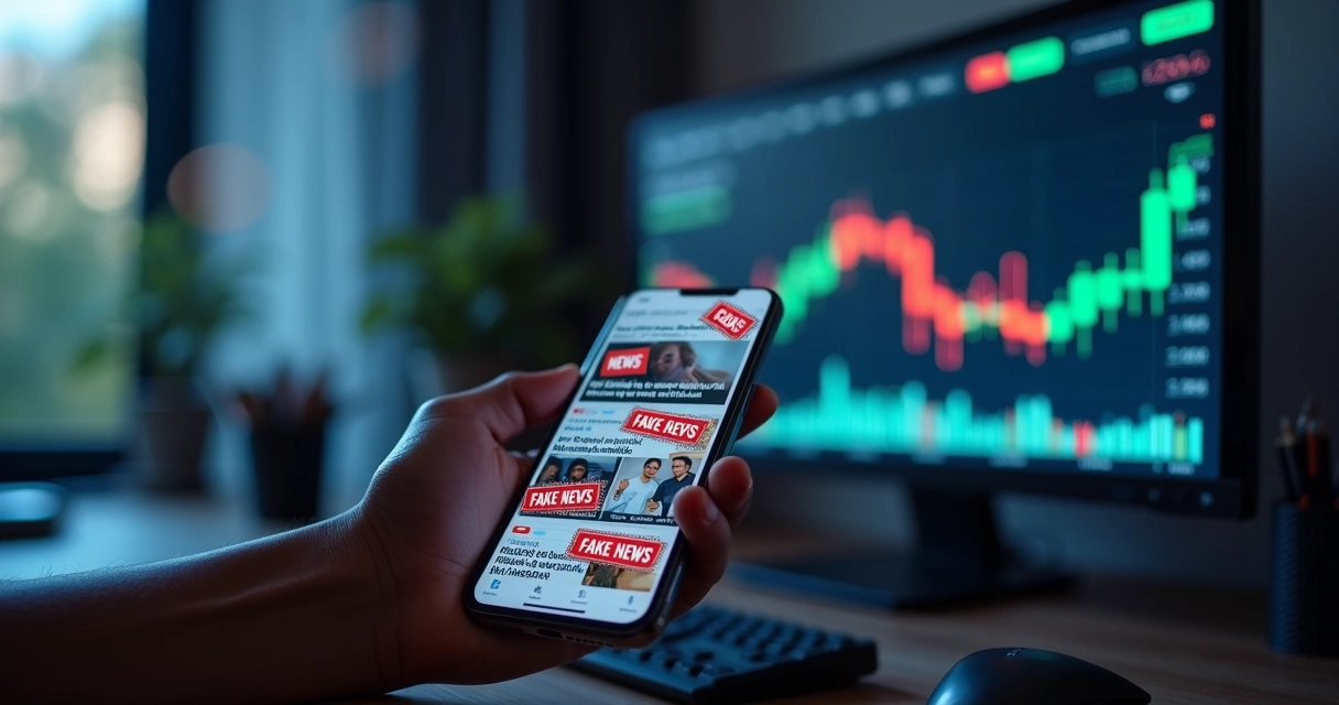 Tela de celular com notícias falsas influenciando gráfico de apostas em eventos reais 