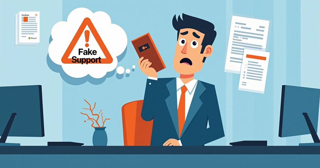 Businessman holding phone with fake support number