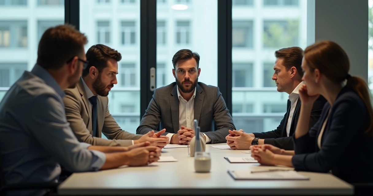 Pessoas em uma reunião, algumas silenciosas, outras trocando olhares evitando falar 