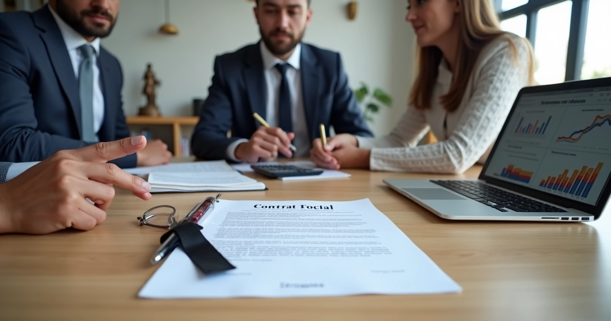 Sócios em reunião analisando contrato social após falecimento de sócio 