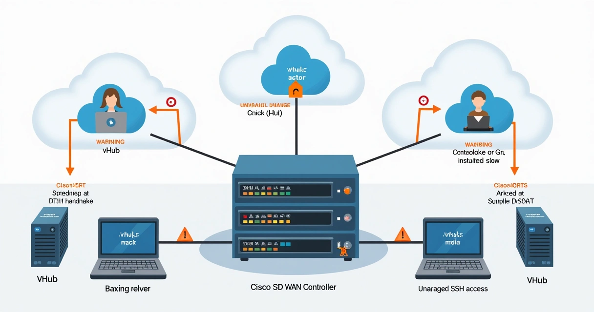 Ilustração demonstrando falha de autenticação DTLS em infraestrutura SD-WAN da Cisco 