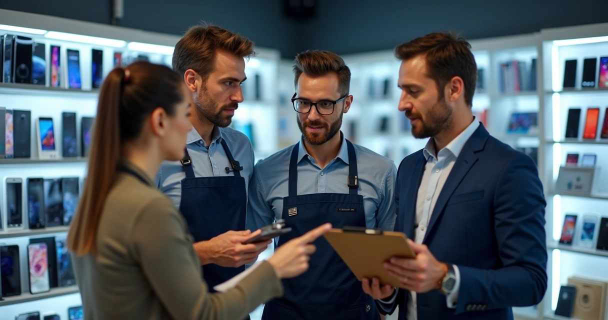 Equipe de loja discutindo problemas de estoque ao redor de prateleira de celulares 