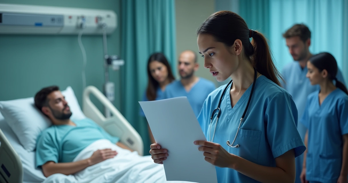 Profissional de saúde segurando um formulário em branco próximo a um paciente acamado 