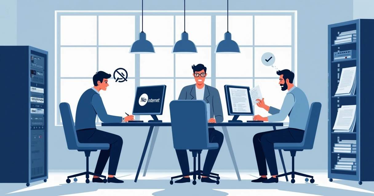 Equipe de escritório sem acesso à internet trabalhando offline 