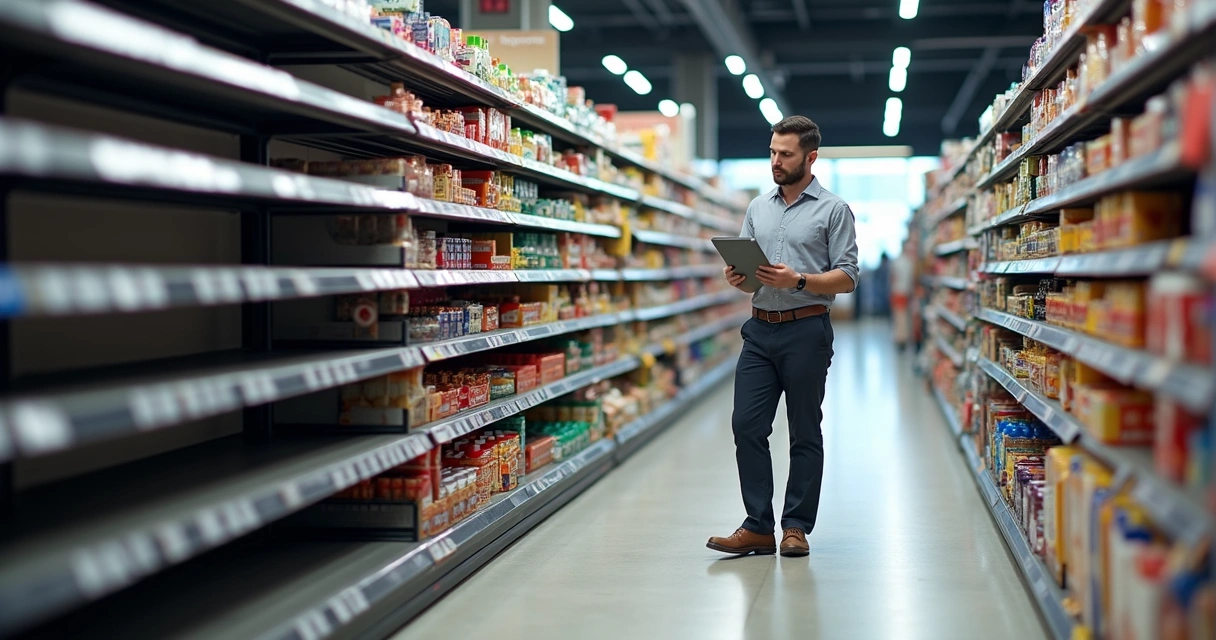 Corredor de supermercado com prateleira vazia ao lado de prateleira cheia e gestor analisando tablet 