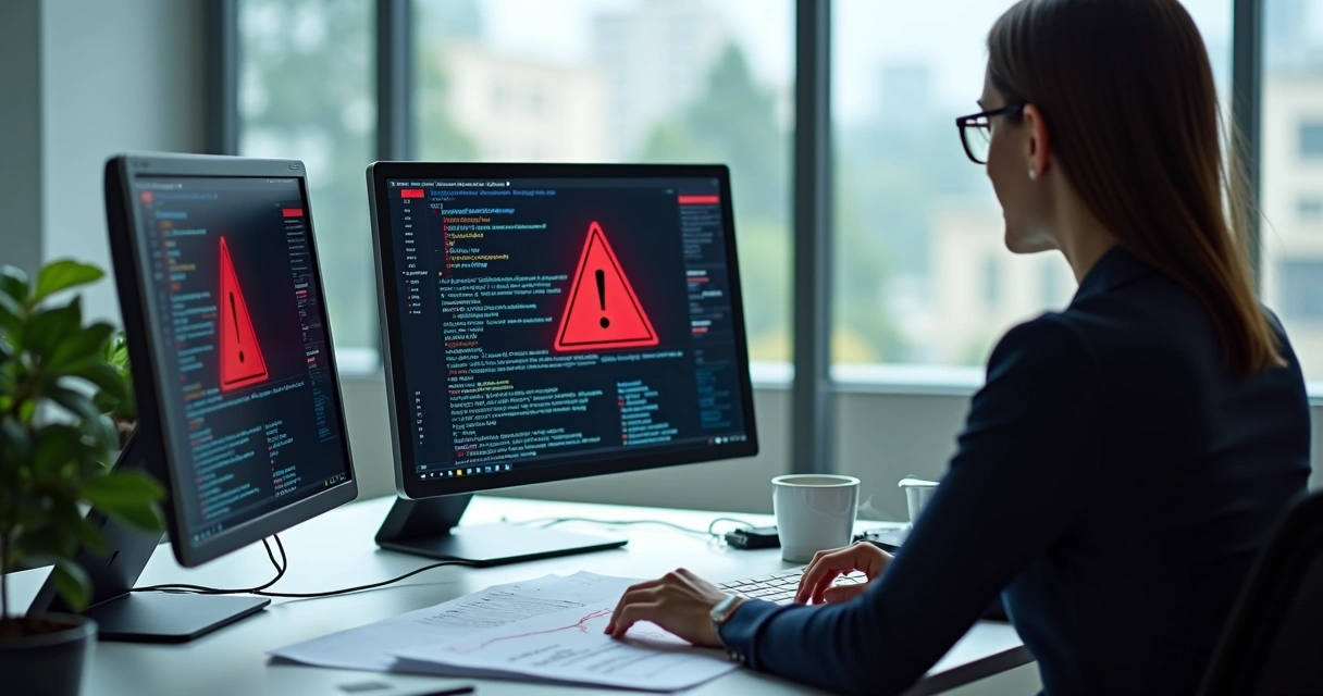 Analista de TI auditando painéis de segurança digital na tela do computador 