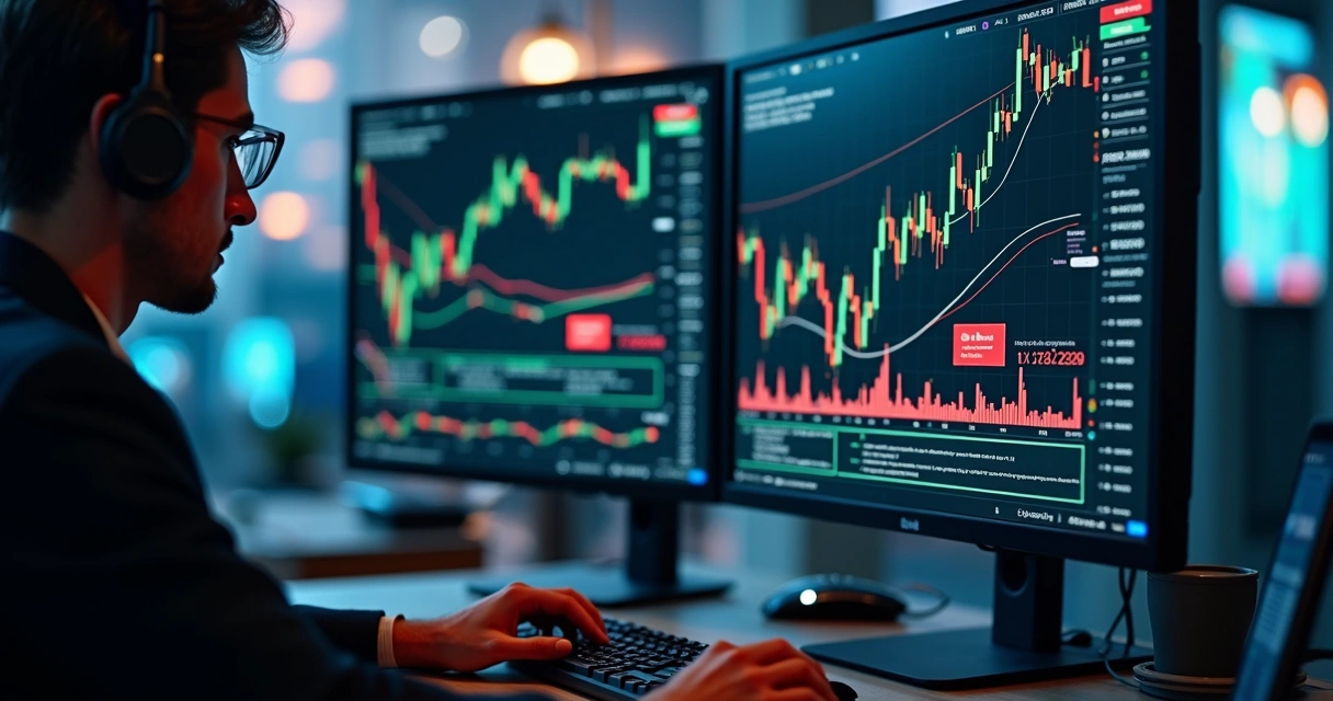 Monitor de computador exibindo gráficos financeiros e alertas de erro em ambiente de trading algorítmico 