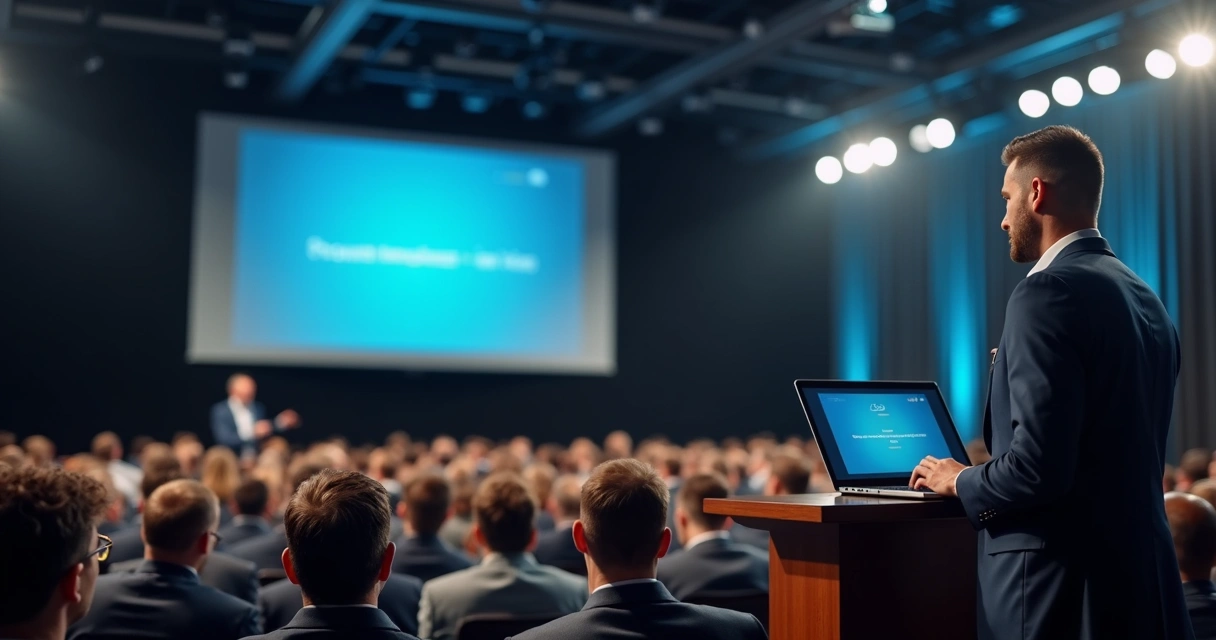 Palestrante frustrado no palco por falha de tecnologia em evento 