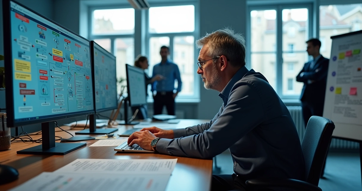 Gestor de pequeSmall business manager looking worried at an automation dashboard with alerts and errorsna empresa olhando preocupado para painel de automação com alertas e erros 