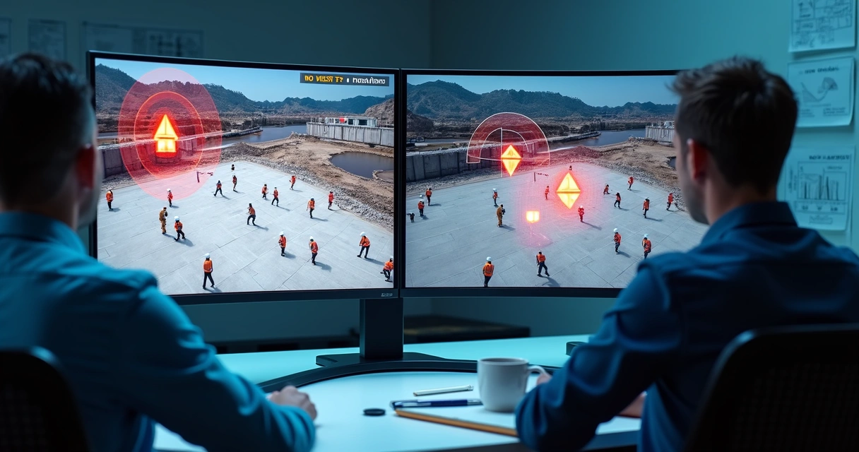 Comparação entre monitor de segurança detectando falhas de EPI e fluxo automático sem alertas 