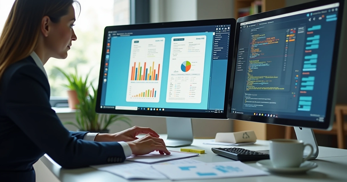Profissional analisando documentos fiscais digitais na tela do computador 