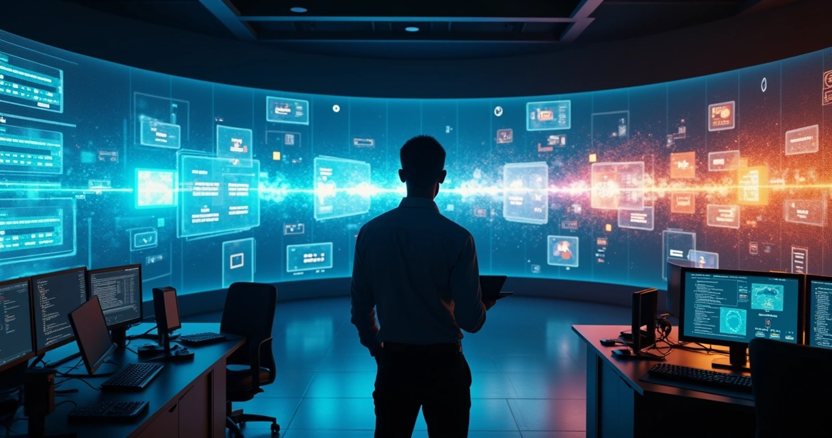 Engenheiro de sistemas observa ponte digital corporativa com conexões interrompidas 