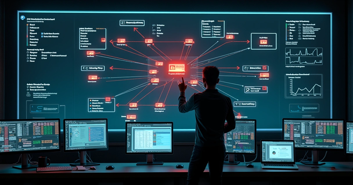 Painel com arquitetura de microsserviços destacando falhas e gargalos 