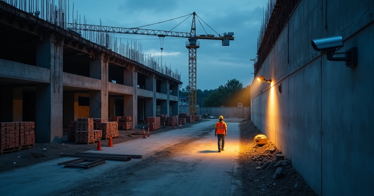 Canteiro de obras ao entardecer com zonas escuras e câmera de vigilância desfocada 