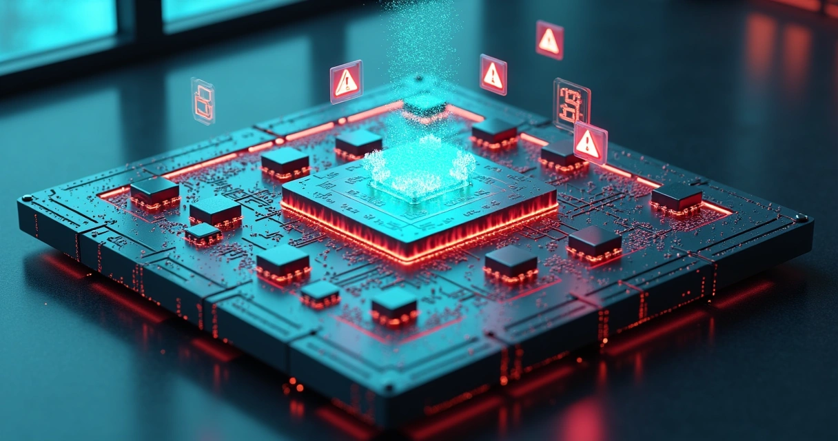Tabuleiro 3D de circuito com peças de IA desalinhadas representando falhas em projetos empresariais de inteligência artificial 