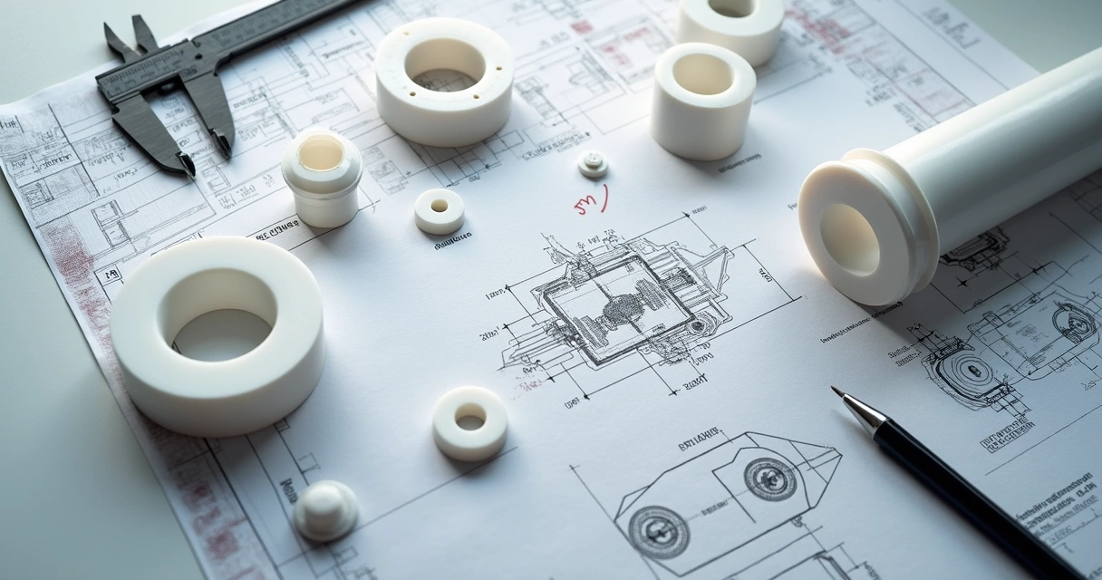 Peças de PTFE usinado espalhadas em mesa de projeto com gabaritos técnicos 