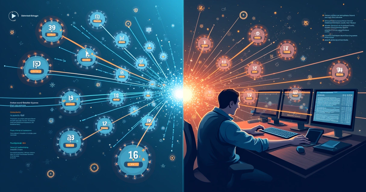 Ilustração mostrando falhas de rede, relógios desincronizados e dados inconsistentes. 