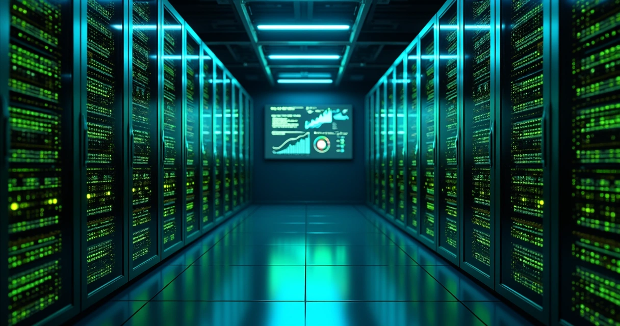 Sala de servidores com painéis verdes enquanto um servidor escurecido sugere falha oculta 