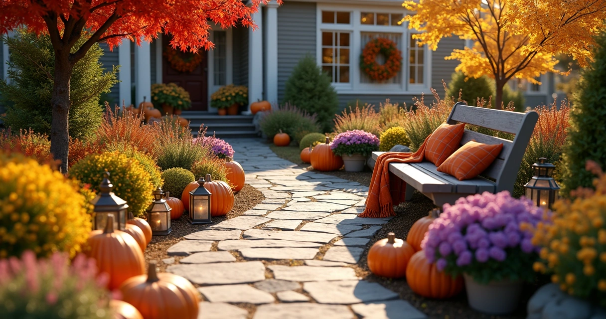 Autumn garden walkway with orange and yellow trees, pumpkins lining the stones, and a cozy bench